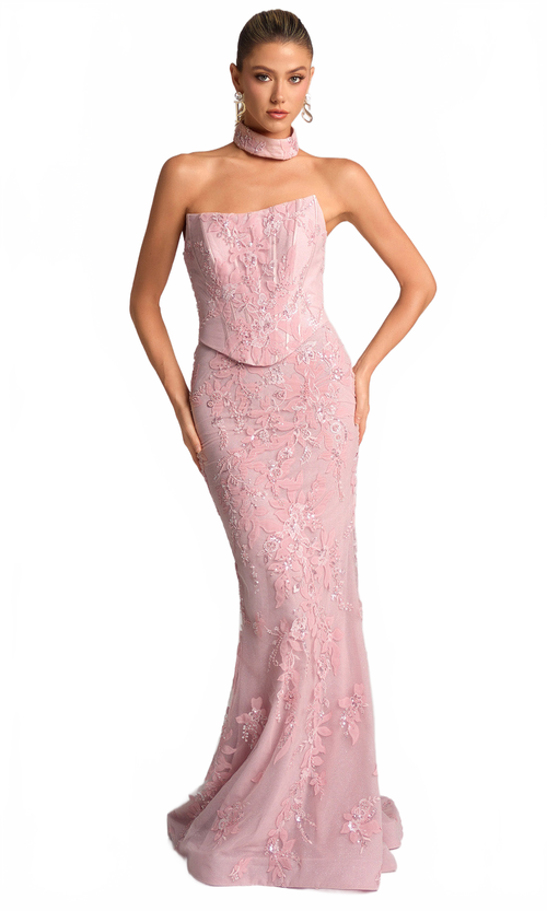 Strapless Floral Lace Mermaid Evening Gown with Choker Embellished Beaded Dress by Portia & Scarlett PS26005