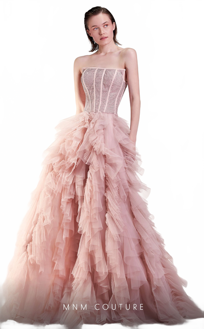 Gaby Charbachy Strapless Ruffled Tulle Corset Gown – Blush