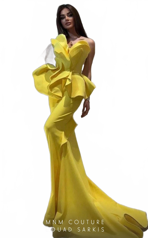 Fouad Sarkis 2647 Mustard Strapless Sculpted Ruffle Gown by MNM Couture