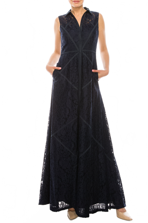 Aidan Mattox 054473060 Sleeveless Piping Detail A-Line Dress with Lace Detail