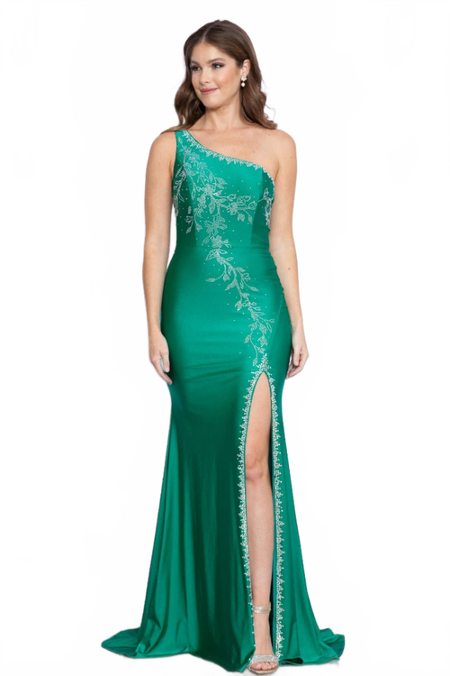 Poly USA 9136 One Shoulder Rhinestone Beaded Evening Gown