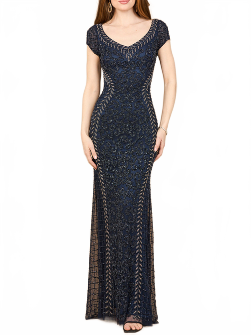 Beaded Mermaid Cap Sleeve Gown