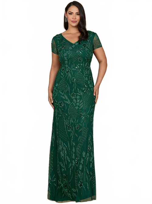V-Neck, Short Sleeve Beaded Gown