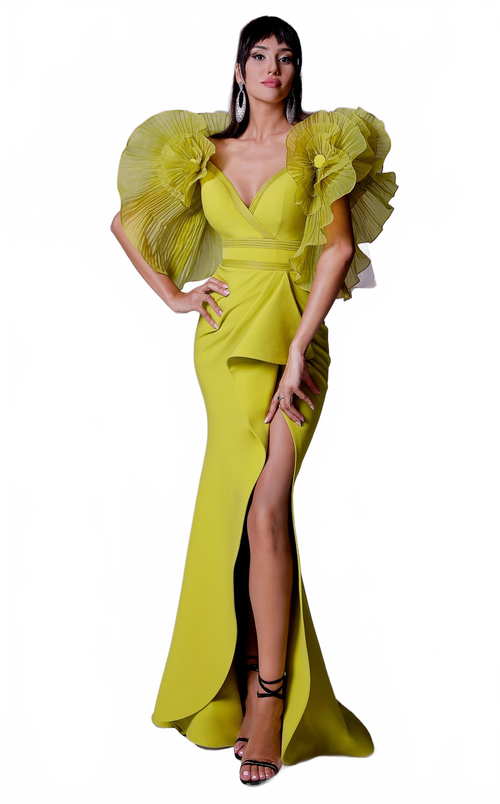 Fouad Sarkis 2712 Statement Ruffled Sleeve Slit Gown