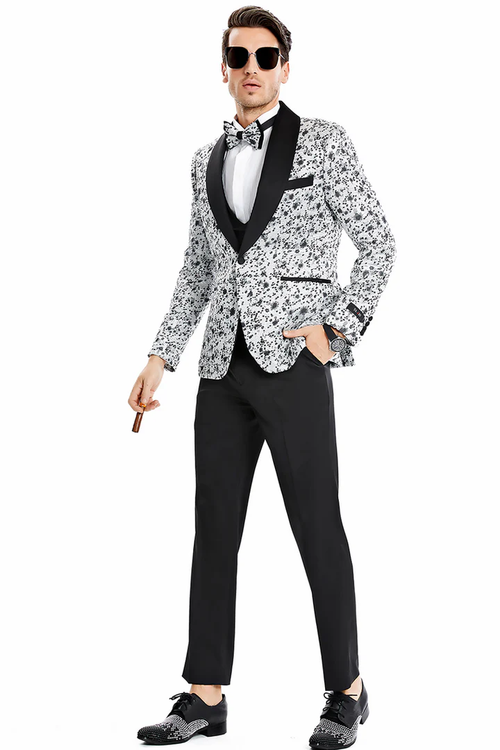 Mens Gray Tuxedo - Grey Wedding Suit-Mens One Button Vested Shawl Lapel Vintage Splatter Print Prom Tuxedo In Silver Grey - Men's Tuxedo USA