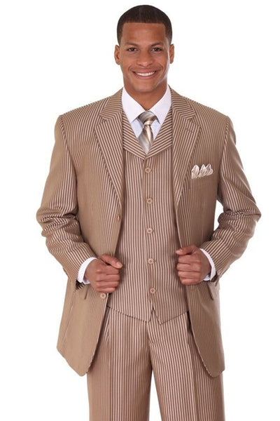 Mens 3 Button Vested Shiny Sharkskin Narrow Pinstripe Suit in Tan by Fortino Landi