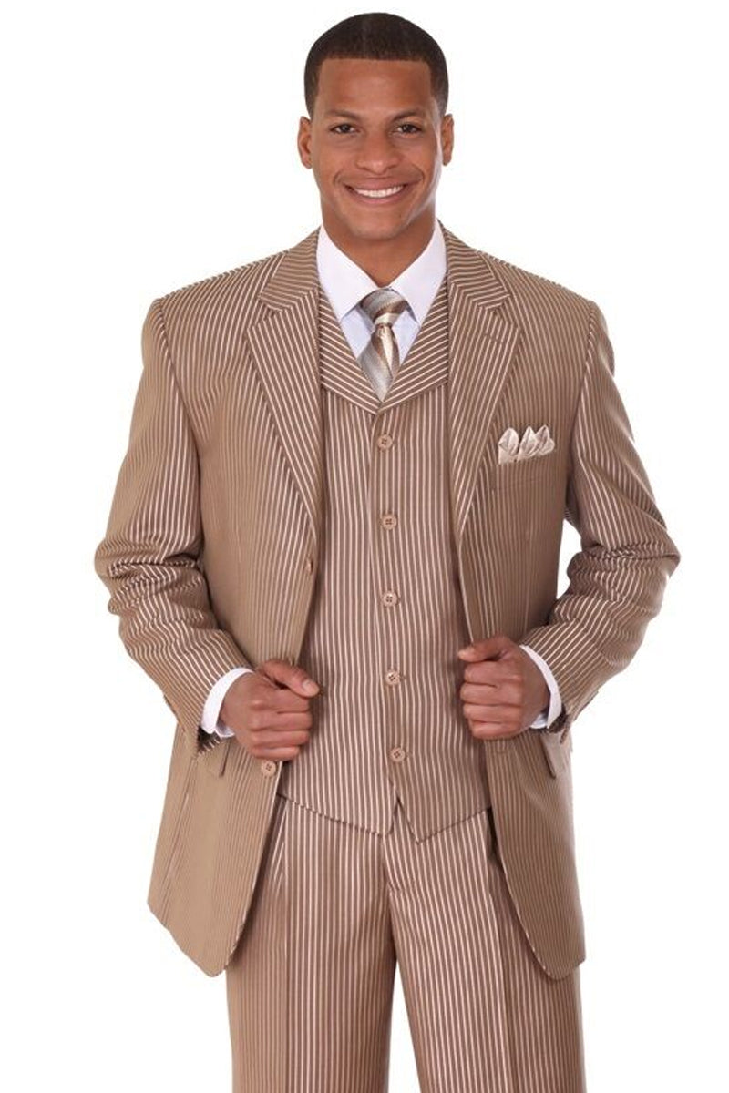 Mens 3 Button Vested Shiny Sharkskin Narrow Pinstripe Suit in Tan by Fortino Landi