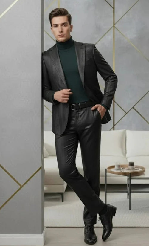 Mens Two Piece Slim Fit Suit One Button Notch Lapel Suit Black