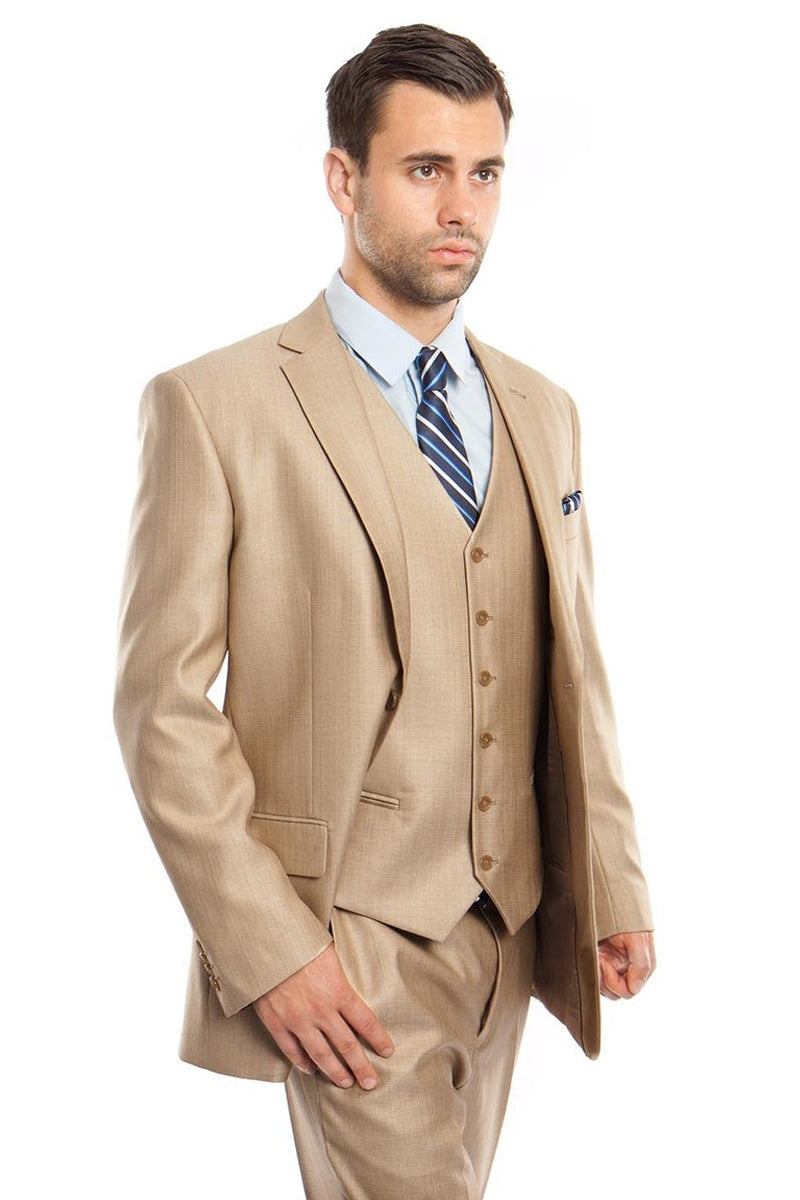 Men's Textured Sharkskin Business Suit in Stone Tan by Tazio Suits