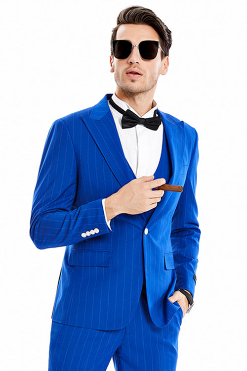 Men's Royal Blue Vested Pinstripe Suit by Tazio Suits