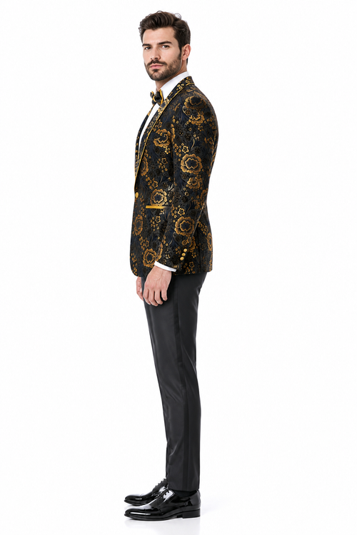 'Exquisite Black & Gold Paisley Prom and Wedding Dinner Jacket for Sophisticated Grooms and Prom Kings'