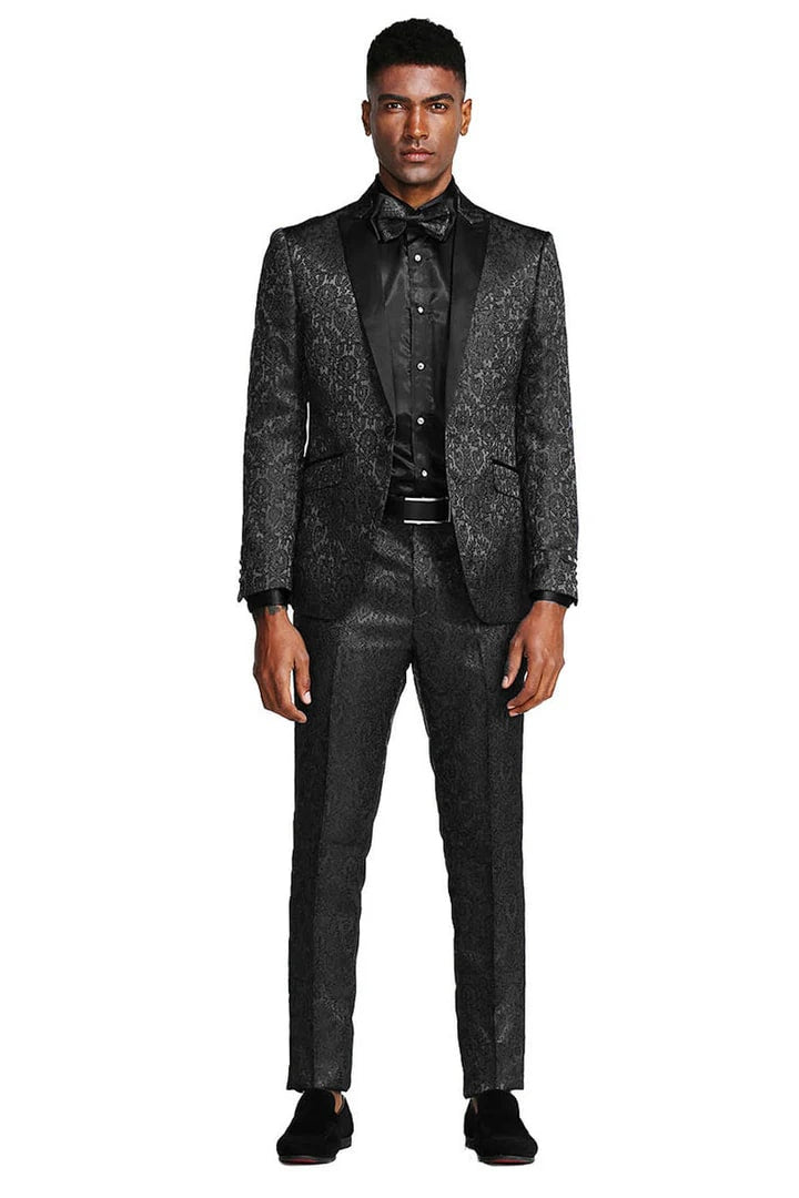 Black Prom Suit - Men's One Button Slim Fit Paisley Wedding & Prom Black Tuxedo – SuitUSA