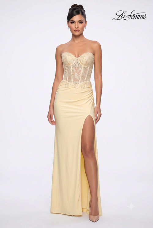 La Femme 33526 Beaded Lace Illusion Sweetheart Gown