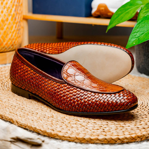 Zelli Palio Crocodile and Calfskin Basketweave Loafer in Cognac