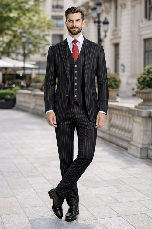 Mens Vested Gangster Pinstripe 1920's Suit in Black