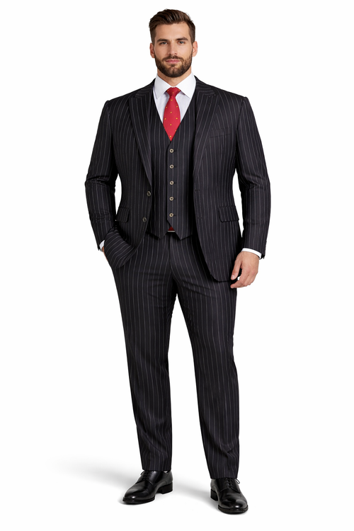Mens Vested Gangster Pinstripe 1920's Suit in Black