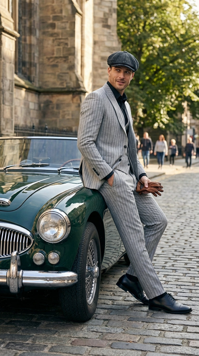 Mens Light Gray and Black Pinstripe 3 Piece Suit – Peaky Blinders Inspired Vintage Gangster 1920s Suit