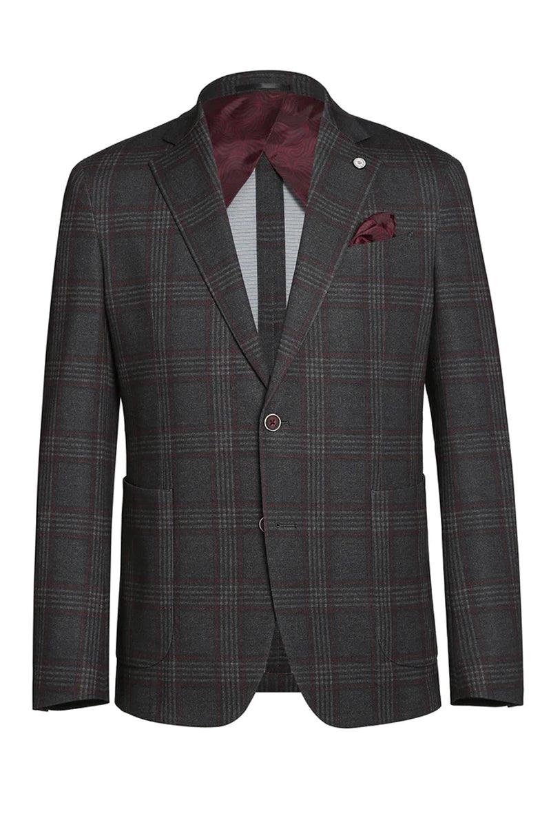 Pelago Men's Slim Charcoal Gray Windowpane Plaid Sports Coat Blazer - Elegant Mensattire