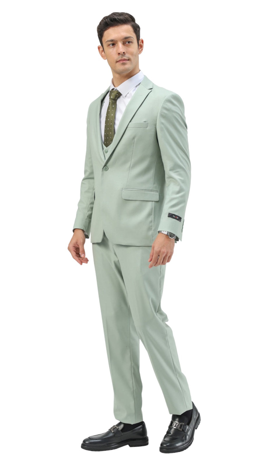 Stretch Fabric 4 Way Slim Fitted Mens Suit in Color Sage Peak Lapel One Button Vested 3 Piece β SuitUSA