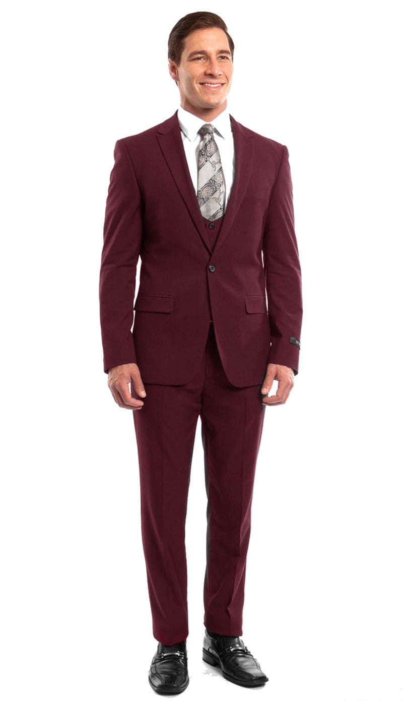 Stretch Fabric 4 Way Slim Fitted Mens Suit in Color Burgundy Peak Lapel One Button Vested 3 Piece β SuitUSA