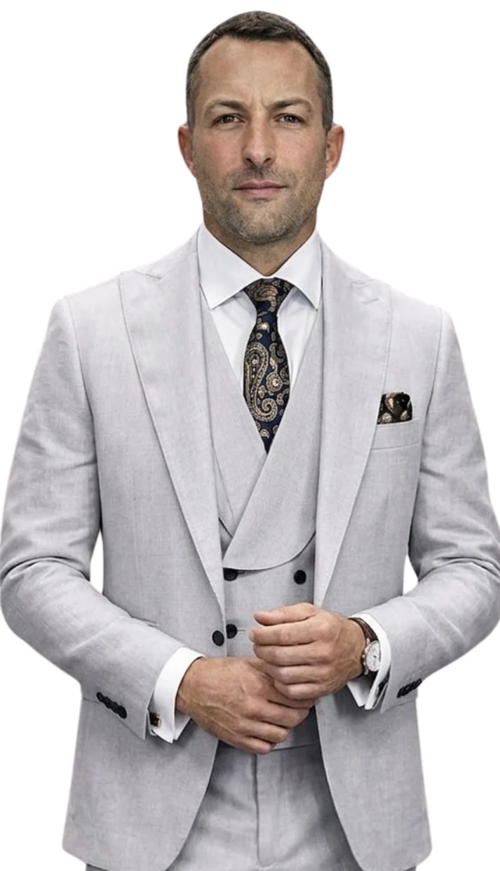 Mens Wool Suit - Ticket Pocket Big Lapel Single button Double breasted Vest By Statement in Color Grey – SuitUSA