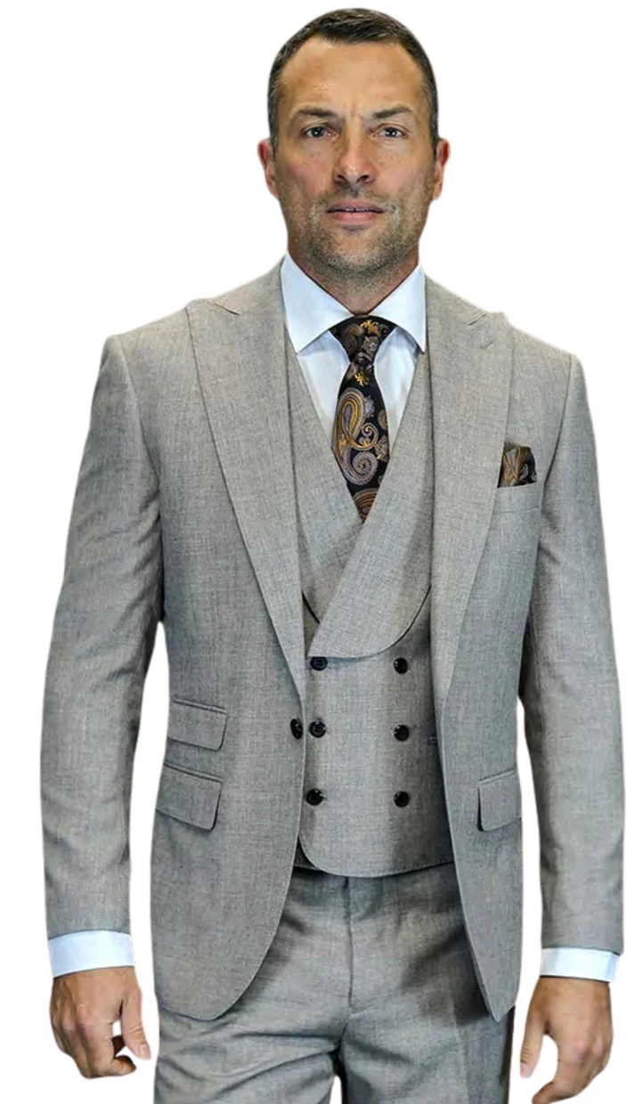 Mens Wool Suit - Ticket Pocket Big Lapel Single button Double breasted Vest By Statement in Color Taupe – SuitUSA