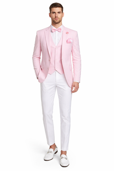 Pink and White Tuxedo Suit With White Pants + White Shirt + Pink Vest and Bowtie