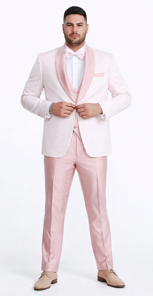 Pink Patterned Tuxedo Set with Shawl Lapel – Wedding & Prom