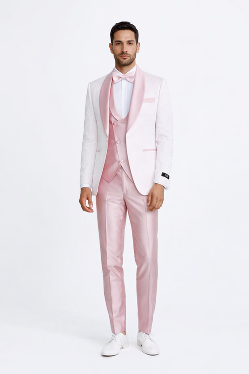 Pink Prom Tuxedo Suit -Pink Wedding Suit - Men's One Button Vested Paisley Prom & Wedding Tuxedo With Satin Vest And Pants