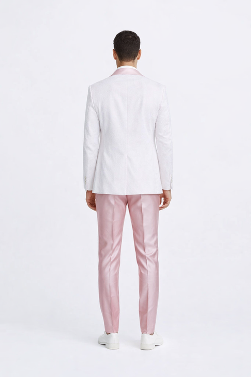 Pink Prom Tuxedo Suit -Pink Wedding Suit - Men's One Button Vested Paisley Prom & Wedding Tuxedo With Satin Vest And Pants