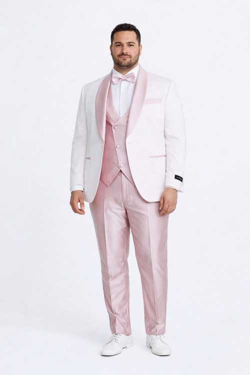 Pink Prom Tuxedo Suit -Pink Wedding Suit - Men's One Button Vested Paisley Prom & Wedding Tuxedo With Satin Vest And Pants