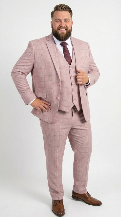 Mens Dusty Rose Three Piece Plaid Suit – Pink Check Wedding and Business Formal Suit Set Windowpane Pattern