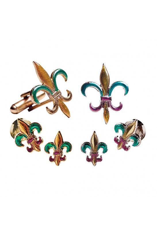 Mardi Gras Epoxy Fleur de Lis Studs and Cufflinks Set by Pioneerin