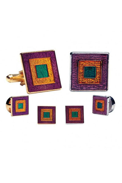 Mardi Gras Epoxy Square Studs and Cufflinks Set by Pioneerin