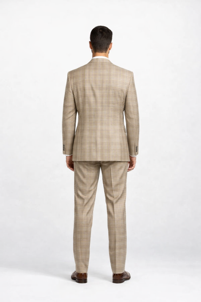 Plaid Suit For Summer - Khaki Color Suit - Camel Suit With Double Breasted Vest in Dark Tan Color