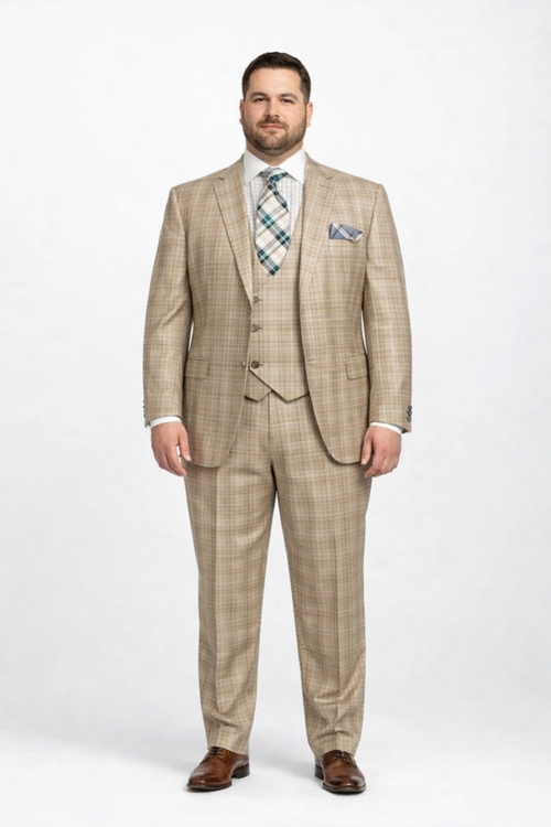 Plaid Suit For Summer - Khaki Color Suit - Camel Suit With Double Breasted Vest in Dark Tan Color