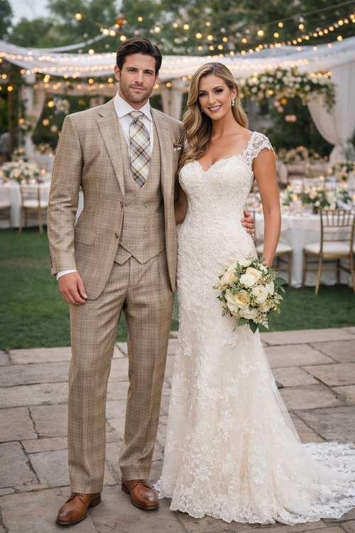 Plaid Suit For Summer - Khaki Color Suit - Camel Suit With Double Breasted Vest in Dark Tan Color