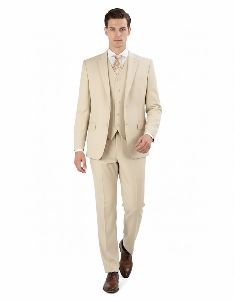 Pleated Suit - Mens Suits With Pleated Pant - Regular Fit Suit - Vested Tan Suit by Men's Tuxedo USA