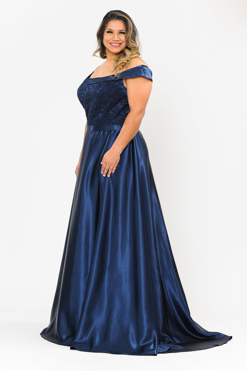 Poly USA W1064 Plus Size Embroidered Long Off Shoulder Dress
