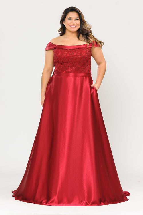 Poly USA W1064 Plus Size Embroidered Long Off Shoulder Dress