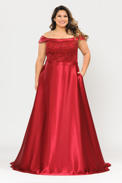 Poly USA W1064 Plus Size Embroidered Long Off Shoulder Dress