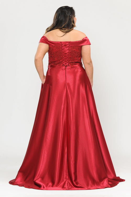 Poly USA W1064 Plus Size Embroidered Long Off Shoulder Dress