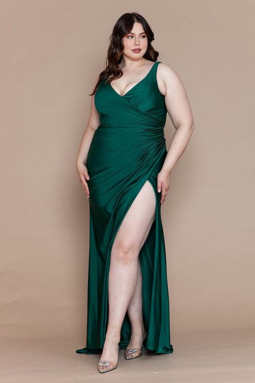Poly USA W1114 Plus Size Fitted V-Neck Slit Gown