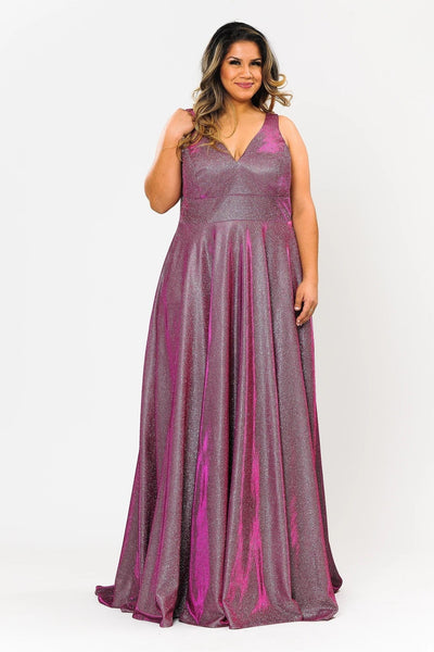 Poly USA W1036 Plus Size Long Metallic Glitter V-Neck Dress