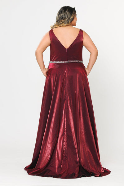 Poly USA W1062 Plus Size Long Satin Deep V-Neck Dress