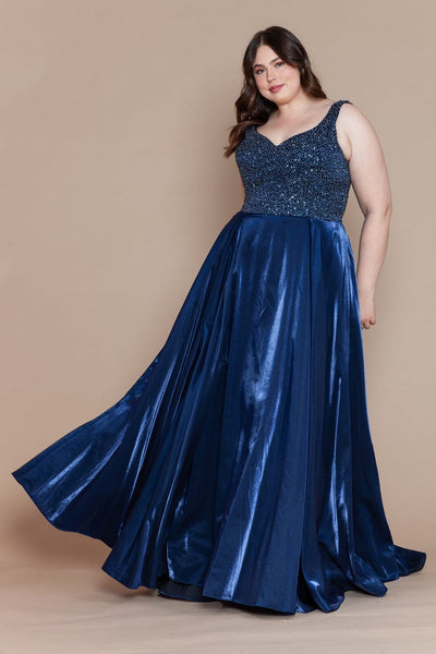 Poly USA W1066 Plus Size Long Satin Dress with Beaded Bodice