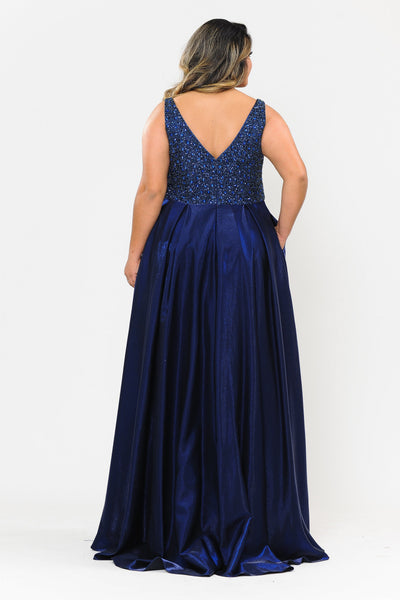 Poly USA W1066 Plus Size Long Satin Dress with Beaded Bodice