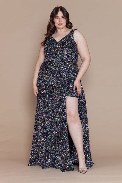 Poly USA W1128 Plus Size Long Sequin V-Neck Dress