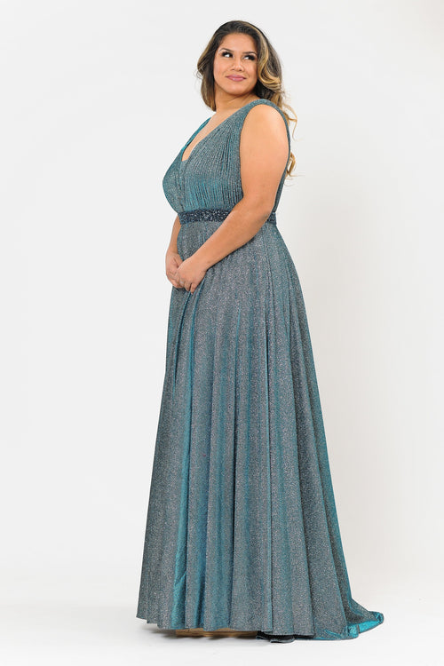 Poly USA W1082 Plus Size Long Sleeveless A-line Glitter Dress