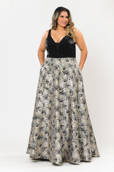 Poly USA W1012 Plus Size Long V-Neck Dress with Print Skirt